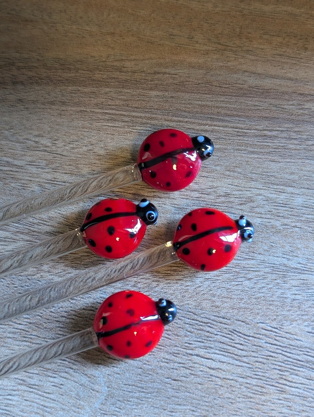 Glass Ladybug Cocktail Swizzle Sticks Set of 4 Barware Vintage MCM Lampworked